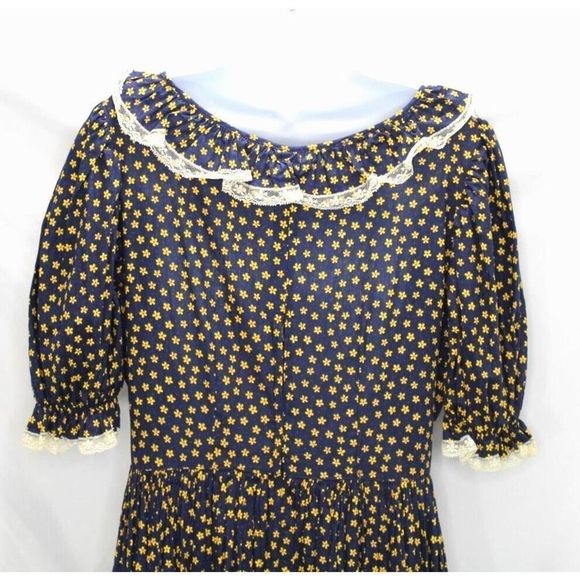 Cottage Core Long Dress Country Victorian Style Lace Seam Navy Blue Floral Print - Picture 9 of 10